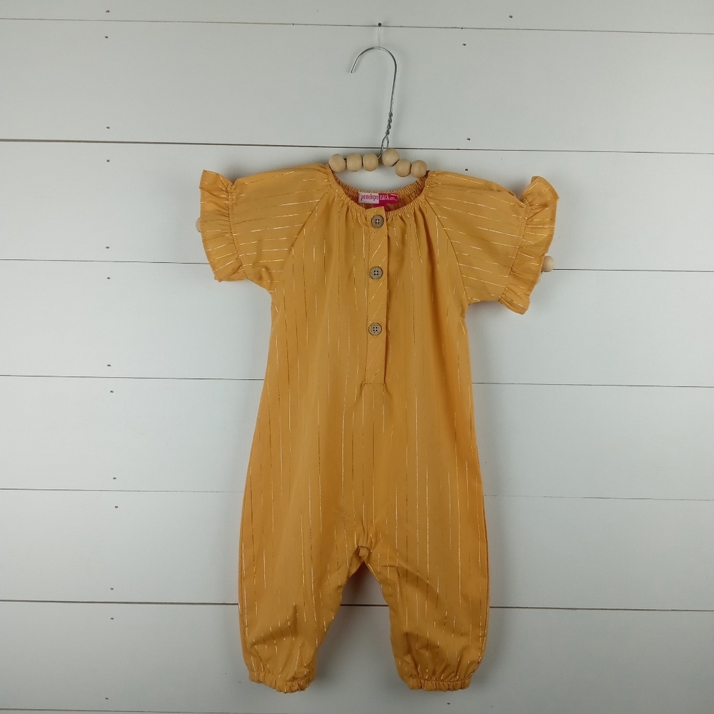 penelope mack girls size 3-6 mos golden with gold sparkle stripe romper wooden